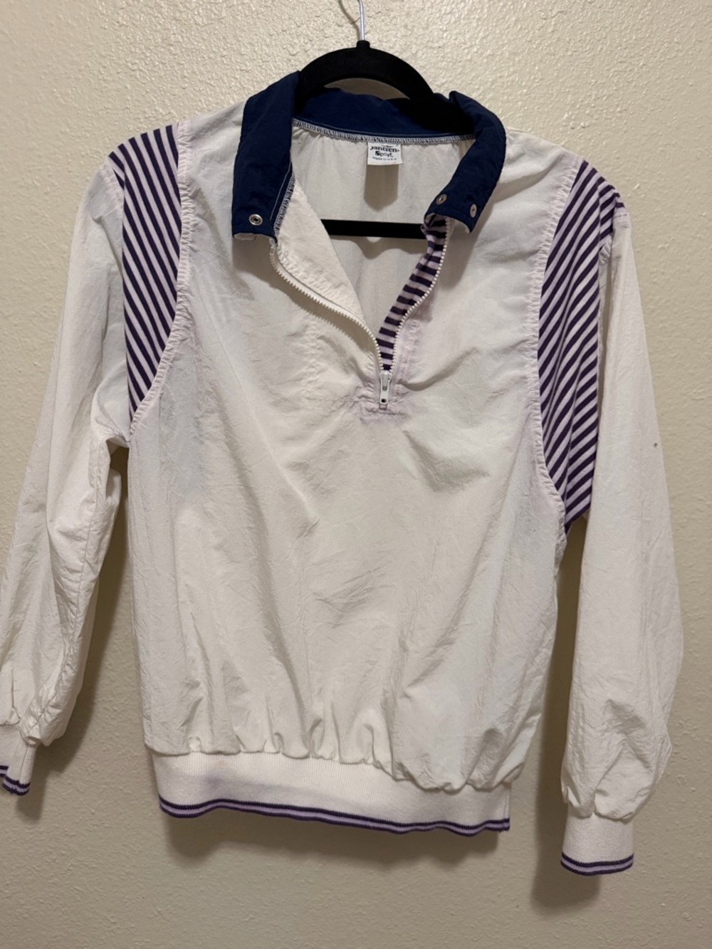 Jantzen Sport Windbreaker Pullover Women Small White Purple Stripe Vintage 90s